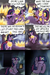 Size: 1280x1920 | Tagged: semi-grimdark, artist:mkogwheel, derpibooru import, applejack, twilight sparkle, twilight sparkle (alicorn), alicorn, earth pony, pony, leak, spoiler:g5, /mlp/, 12/16/17, amputee, applejack (g5), bandage, burning, butt, comic, crying, drama, drawthread, female, fire, fire extinguisher, g5, g5 applejack drama, g5 drama, gunshow, mare, parody, plot, solo, this is fine, twilight sparkle (g5), vulgar