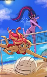 Size: 755x1219 | Tagged: suggestive, artist:lumineko, derpibooru import, sci-twi, spike, sunset shimmer, twilight sparkle, equestria girls, ball, beach, belly button, bikini, blushing, breasts, clothes, cloud, female, glasses, open mouth, ponytail, purple swimsuit, red swimsuit, sand, sky, smiling, sports, summer, sun, swimsuit, volleyball, volleyball net, water