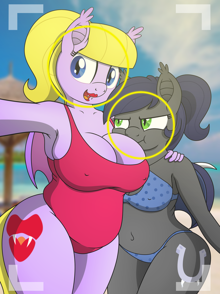 Size: 3000x4000 | Tagged: suggestive, artist:an-tonio, artist:pananovich, derpibooru import, oc, oc:flourish glade, oc:frostbite, unofficial characters only, anthro, bat pony, armpits, bat pony oc, beach, belly, belly button, big breasts, bikini, bimbo, blonde, breasts, camera shot, chubby, cleavage, clothes, collaboration, cutie mark, digital art, duo, duo female, erect nipples, fangs, female, females only, grumpy, lipstick, mare, nipple outline, one-piece swimsuit, ponytail, selfie, sisters, size difference, smiling, story included, swimsuit, wide hips, wings