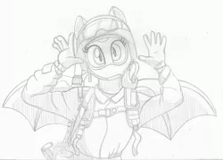 Size: 3410x2443 | Tagged: safe, artist:pananovich, derpibooru import, oc, oc:frostbite, unofficial characters only, anthro, bat pony, bat pony oc, female, goggles, gun, helmet, looking at you, military, military uniform, rifle, sketch, solo, spread wings, weapon, wings