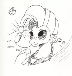 Size: 753x794 | Tagged: artist:kuroneko, bubble, bust, derpibooru import, female, fish, ink drawing, lineart, monochrome, my little pony: the movie, pearl, princess skystar, safe, seapony (g4), simple background, solo, traditional art, underwater, white background