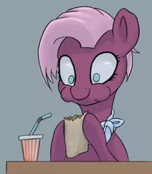 Size: 618x706 | Tagged: safe, artist:sv37, derpibooru import, jasmine leaf, earth pony, pony, burrito, bust, drink, eating, female, food, mare, puffy cheeks, simple background, smiling, solo