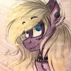 Size: 1024x1023 | Tagged: safe, artist:scootiegp, derpibooru import, oc, unofficial characters only, pony, bust, choker, ear piercing, earring, eye clipping through hair, female, jewelry, looking at you, necklace, piercing, portrait, signature, simple background, smiling, solo
