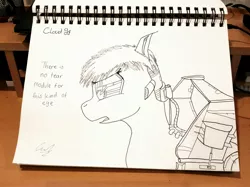 Size: 2643x1982 | Tagged: safe, artist:calveen, derpibooru import, oc, oc:cloud9, unofficial characters only, cyborg, original species, plane pony, pony, bionic eye, messy mane, open mouth, photo, plane, sad, sketch, traditional art, wings