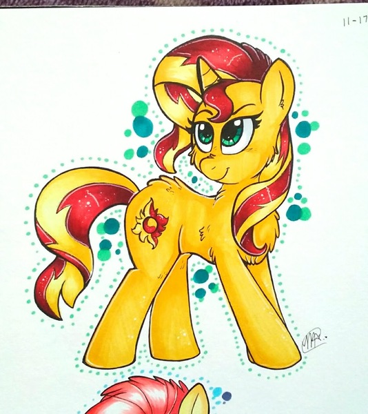 Size: 1228x1379 | Tagged: safe, artist:pepsi-starbeam, derpibooru import, fluttershy, sunset shimmer, pony, unicorn, cropped, solo, traditional art