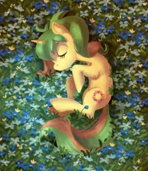 Size: 2000x2317 | Tagged: safe, artist:lis-alis, derpibooru import, oc, oc:tropical grove, unofficial characters only, pony, unicorn, curled up, cute, eyes closed, flower, flower field, flower patch, nap, sleeping, solo, top down