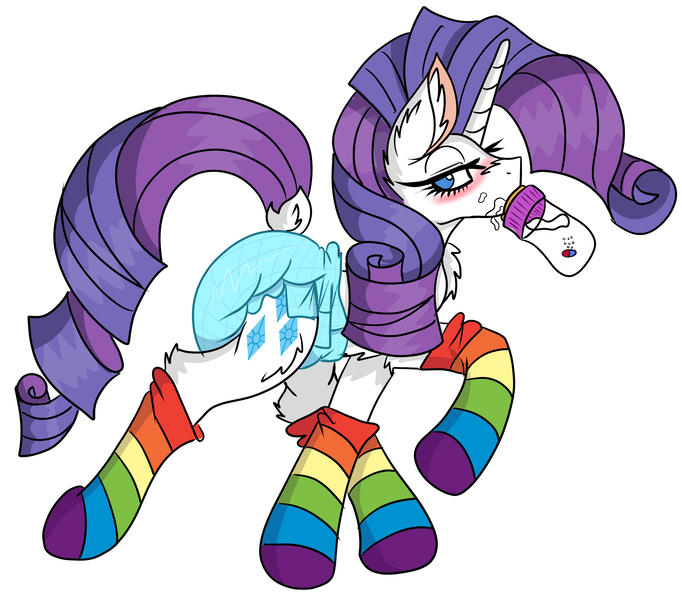 Size: 3000x2640 | Tagged: questionable, artist:cuddlelamb, derpibooru import, rarity, pony, unicorn, baby bottle, blushing, chest fluff, clothes, diaper, diaper fetish, diaperity, dock, ear fluff, female, fetish, pills, poofy diaper, rainbow socks, socks, solo, solo female, striped socks