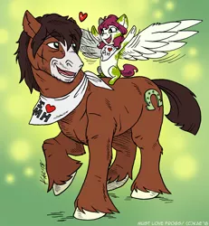 Size: 924x1000 | Tagged: safe, artist:kaemantis, deleted from derpibooru, derpibooru import, trouble shoes, oc, oc:sweet pepper, earth pony, pegasus, pony, abstract background, adopted offspring, bandana, duo, female, filly, foal, grandfather and grandchild, grandfather and granddaughter, heart, male, parent:babs seed, parent:twist, parents:babstwist, stallion