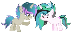 Size: 1480x728 | Tagged: artist:thesmall-artist, base used, colt, derpibooru import, female, filly, horns, hybrid, interspecies offspring, male, oc, oc:chaos, oc:sun illusion, offspring, parent:discord, parent:princess celestia, parents:dislestia, safe, simple background, transparent background, unofficial characters only