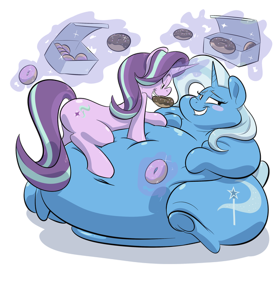 Size: 2800x3000 | Tagged: questionable, artist:anonopony, derpibooru import, starlight glimmer, trixie, pony, unicorn, ass, bashful, bedroom eyes, belly, belly bed, belly button, big belly, blushing, chubby cheeks, donut, fat, fat fetish, feedee, feeder, feeding, female, fetish, food, glowing horn, huge butt, immobile, implied lesbian, impossibly large belly, impossibly large butt, large butt, lesbian, lip bite, lying on top of belly, lying on top of someone, magic, mare, morbidly obese, mouth hold, obese, plot, shipping, simpsons did it, startrix, stuffing, telekinesis, the great and bountiful trixie, the great and powerful ass, the simpsons, underhoof, weight gain, wide hips