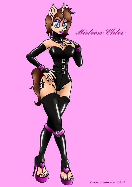 Size: 2893x4092 | Tagged: questionable, artist:goldwing93, derpibooru import, oc, oc:chloe adore, unofficial characters only, anthro, unicorn, anthro oc, armpits, breasts, clothes, feet, high heels, latex, latex socks, latex suit, leg warmers, mistress, nail polish, sexy, shoes, socks, toes