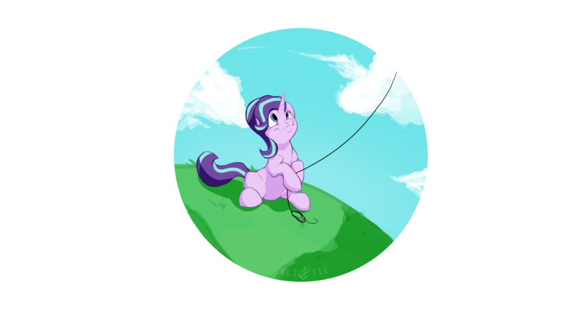 Size: 5361x3000 | Tagged: safe, artist:elicitie, derpibooru import, starlight glimmer, pony, unicorn, female, grass, kite, kite flying, mare, sky, smiling, solo, that pony sure does love kites