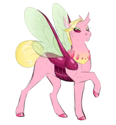 Size: 1213x1306 | Tagged: artist:vindhov, changedling, changeling, changepony, crack ship offspring, derpibooru import, female, hybrid, interspecies offspring, mare, next generation, oc, offspring, parent:fluttershy, parents:thoraxshy, parent:thorax, raised hoof, safe, simple background, solo, transparent background, unofficial characters only