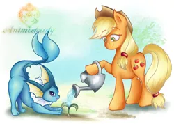 Size: 1024x731 | Tagged: safe, artist:animechristy, derpibooru import, applejack, earth pony, pony, vaporeon, cute, face down ass up, female, hoof hold, lidded eyes, looking at something, mare, open mouth, pet, plant, pokémon, raised hoof, smiling, water, watering, watering can