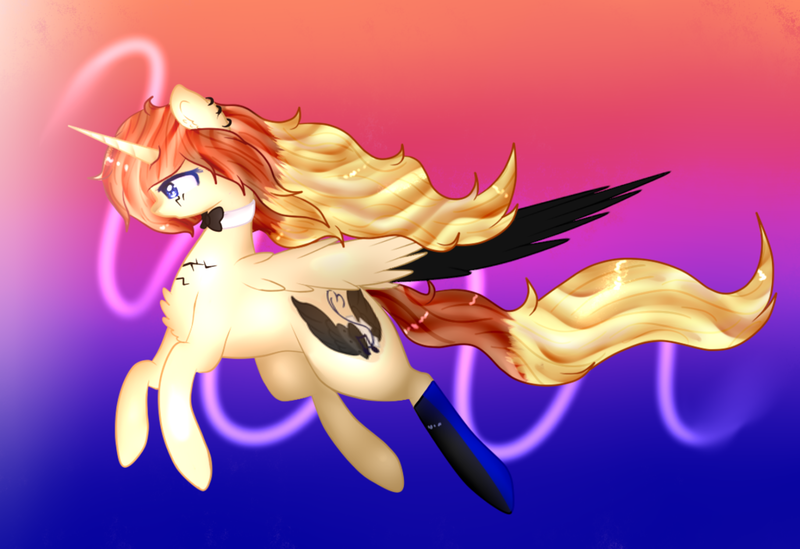 Size: 1024x703 | Tagged: safe, artist:anasflow, derpibooru import, oc, oc:vanilla music, alicorn, pony, bowtie, colored wings, female, gradient background, mare, multicolored wings, solo