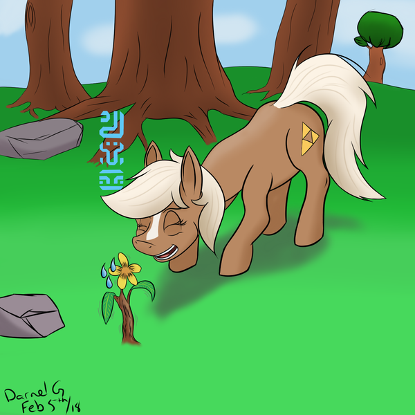 Size: 1500x1500 | Tagged: safe, artist:darnelg, derpibooru import, ponified, pony, blaze (coat marking), crossover, epona, female, herbivore, horses doing horse things, korok, mare, solo, the legend of zelda, the legend of zelda: breath of the wild