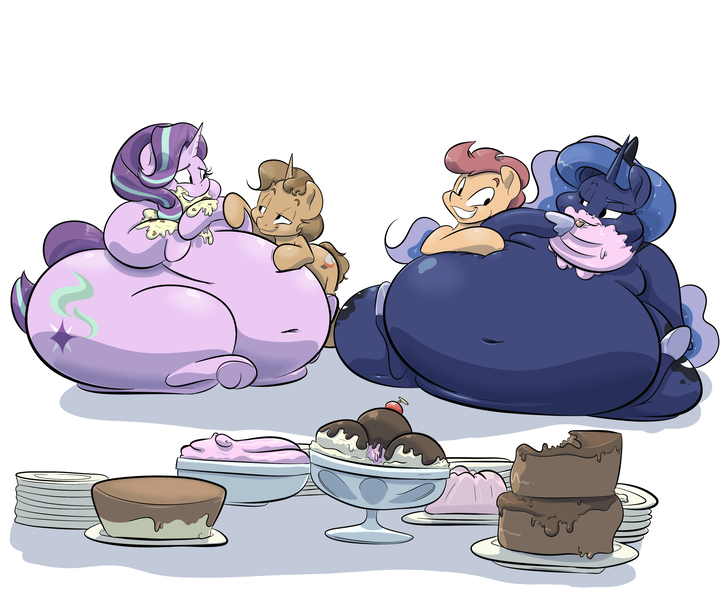 Size: 3600x3000 | Tagged: artist:anonopony, ass, bedroom eyes, belly, belly button, big belly, cake, chubby cheeks, derpibooru import, double chin, eating, fat, fat fetish, feedee, feeder, feeding, female, fetish, food, glimmer glutes, huge belly, huge butt, ice cream, kitchen eyes, large butt, male, messy eating, moonbutt, morbidly obese, obese, oc, oc:astrozone, oc:blurblob, plates, plot, princess luna, princess moonpig, questionable, simple background, squishy, starlard glimmer, starlight glimmer, straight, that pony sure does love fatty, underhoof, white background
