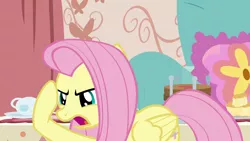 Size: 1280x720 | Tagged: safe, derpibooru import, screencap, fluttershy, pony, discordant harmony, cup, scone, solo, teacup