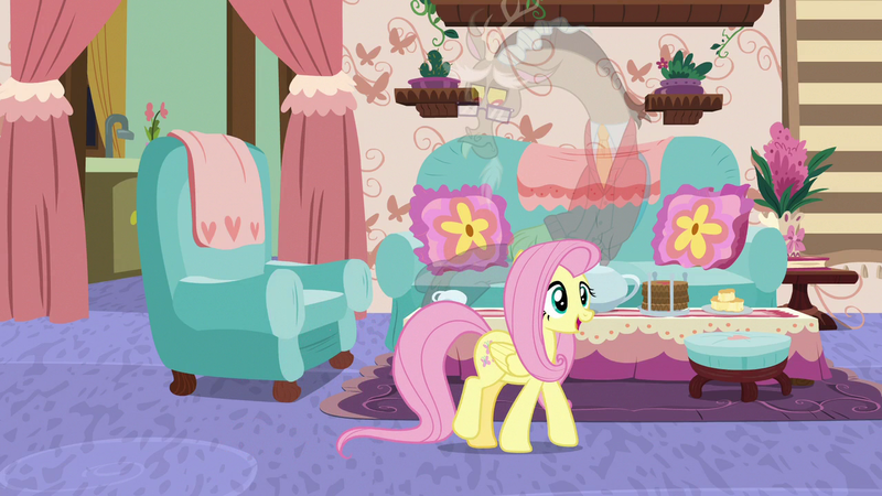 Size: 1280x720 | Tagged: safe, derpibooru import, screencap, discord, fluttershy, pony, discordant harmony, clothes, cup, fading, glasses, scone, sweater, teacup, transparent