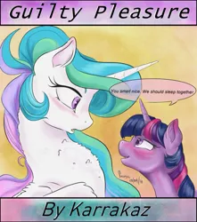 Size: 839x951 | Tagged: safe, artist:firimil, derpibooru import, princess celestia, twilight sparkle, alicorn, pony, fanfic, blushing, chest fluff, cute, cutelestia, dialogue, drunk, drunk twilight, eye contact, fanfic art, fanfic cover, female, horn, implied lesbian, implied shipping, implied twilestia, lesbian, looking at each other, majestic as fuck, mare, missing accessory, shipping, shipping fuel, simple background, subtle as a train wreck, text, twiabetes, twilestia, wings