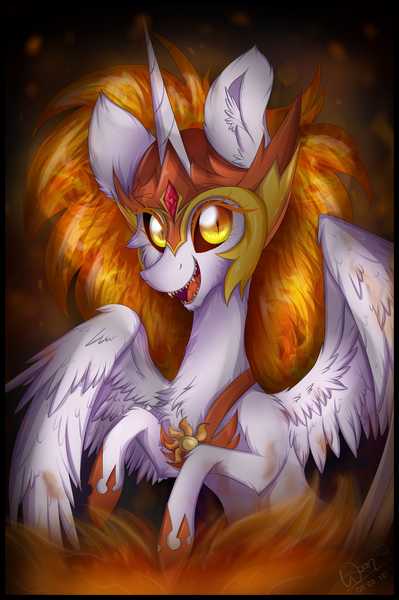 Size: 1884x2831 | Tagged: safe, artist:woonborg, derpibooru import, daybreaker, alicorn, pony, a royal problem, armor, female, looking at you, mane of fire, mare, open mouth, rearing, sharp teeth, signature, solo, teeth