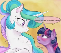 Size: 2400x2100 | Tagged: suggestive, artist:firimil, derpibooru import, princess celestia, twilight sparkle, alicorn, pony, fanfic, blushing, chest fluff, cute, cutelestia, dialogue, drunk, drunk twilight, eye contact, fanfic art, fanfic cover, female, horn, implied lesbian, implied shipping, implied twilestia, lesbian, looking at each other, majestic as fuck, mare, missing accessory, shipping, shipping fuel, simple background, subtle as a train wreck, text, twiabetes, twilestia, wings