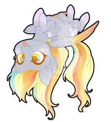 Size: 750x817 | Tagged: safe, artist:fuyusfox, derpibooru import, derpy hooves, pegasus, pony, :p, chibi, cute, female, mare, on back, rainbow power, rainbow power-ified, silly, simple background, solo, tongue out, transparent background, upside down, watermark, wings