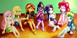 Size: 1500x750 | Tagged: suggestive, artist:dieart77, derpibooru import, applejack, fluttershy, pinkie pie, rainbow dash, rarity, sci-twi, sunset shimmer, twilight sparkle, equestria girls, barefoot, belt, clothes, commission, compression shorts, cute, denim skirt, feet, fetish, foot fetish, glasses, humane five, humane seven, humane six, legs, looking at you, moe, ponytail, shirt, shorts, skirt, skirt lift, smiling, upskirt denied