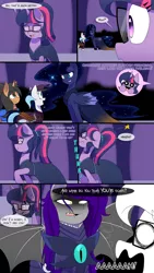 Size: 1080x1920 | Tagged: safe, artist:jase1505, deleted from derpibooru, derpibooru import, princess luna, sci-twi, twilight sparkle, oc, oc:doom star, alicorn, bat pony, pony, comic:night at the gala, series:sunlight horizons, amputee, angry, armor, augmented, bat pony oc, clothes, comic, dress, female, gala dress, implied lesbian, implied scitwishimmer, implied shipping, intimidating, lunabat, mare, night guard, pictogram, prosthetic limb, prosthetic wing, prosthetics, race swap, scared, shadow, unicorn sci-twi, wings