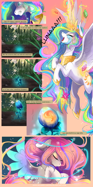 Size: 4000x8000 | Tagged: safe, artist:wilvarin-liadon, derpibooru import, princess celestia, alicorn, pony, comic:the curse of the elements, comic, crying, cutie mark, elements of harmony, english, female, filly, flower, flying, foal, horn, magic, plants, sleeping, solo, wings