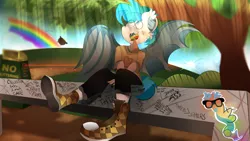 Size: 3840x2160 | Tagged: safe, artist:dannykay4561, derpibooru import, oc, oc:cloud flicker, unofficial characters only, anthro, bat pony, 4k, anthro oc, apple, bat wings, blue eyes, cauldron, clothes, cute, ear fluff, fangs, food, freckles, graffiti, laser, looking up, male, outdoors, park, race swap, rainbow, shoes, sitting, solo, tree, zap apple