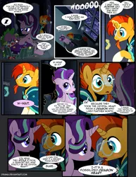 Size: 1275x1650 | Tagged: safe, artist:dsana, derpibooru import, spike, starlight glimmer, sunburst, dragon, pony, unicorn, comic:the shadow shard, blushing, comic, dialogue, female, gem, glowing horn, levitation, magic, magic aura, male, shipping, sleeping, speech bubble, starburst, straight, telekinesis, zzz