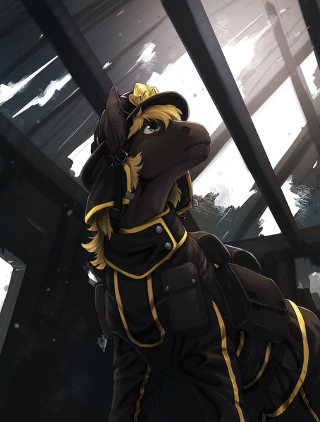 Size: 3148x4163 | Tagged: safe, artist:turnipberry, deleted from derpibooru, derpibooru import, oc, oc:rescue sunstreak, unofficial characters only, earth pony, pony, clothes, firefighter, firefighter helmet, helmet, male, solo, uniform