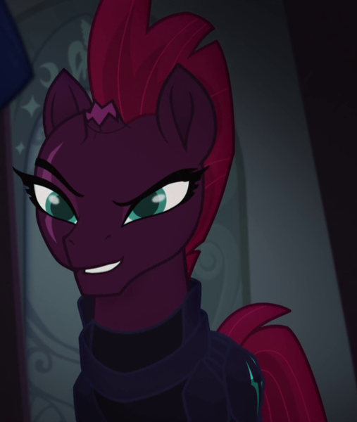 Size: 678x803 | Tagged: beautiful, broken horn, canterlot castle, cracked horn, cropped, derpibooru import, eye scar, my little pony: the movie, raised eyebrow, safe, scar, screencap, smiling, smirk, tempest shadow, throne room