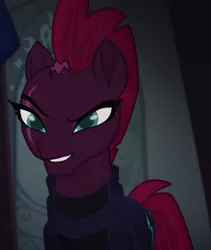 Size: 678x803 | Tagged: beautiful, broken horn, canterlot castle, cracked horn, cropped, derpibooru import, eye scar, my little pony: the movie, raised eyebrow, safe, scar, screencap, smiling, smirk, tempest shadow, throne room