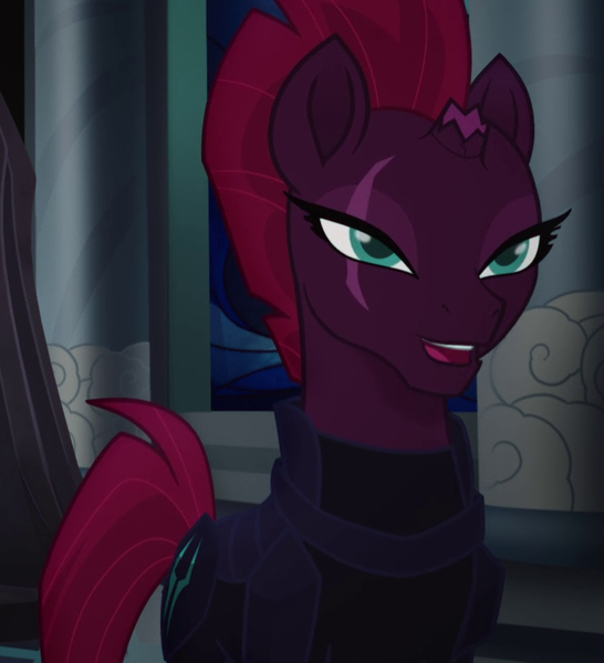 Size: 731x803 | Tagged: safe, derpibooru import, screencap, tempest shadow, unicorn, my little pony: the movie, armor, beautiful, broken horn, canterlot castle, cracked horn, cropped, eye scar, female, lidded eyes, mare, mohawk, scar, smiling, solo