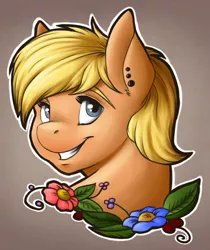 Size: 1262x1500 | Tagged: safe, artist:dunnowhattowrite, derpibooru import, oc, oc:little rouge, earth pony, pony, bust, doodle, female, flower, portrait, smiley face, solo