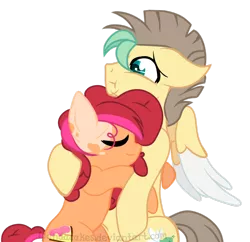 Size: 1024x993 | Tagged: safe, artist:ipandacakes, derpibooru import, oc, oc:chimi cherry cheesecake, oc:darting fly, unofficial characters only, pegasus, pony, female, hug, male, mare, oc x oc, offspring, offspring shipping, parent:bulk biceps, parent:cheese sandwich, parent:fluttershy, parent:pinkie pie, parents:cheesepie, parents:flutterbulk, shipping, stallion, straight