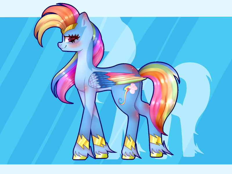 Size: 1400x1050 | Tagged: safe, artist:wintersporkle, derpibooru import, rainbow dash, pegasus, pony, abstract background, alternate cutie mark, alternate hairstyle, blushing, colored wings, female, g5, mare, multicolored wings, rainbow dash (g5), solo, unshorn fetlocks