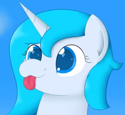 Size: 892x824 | Tagged: safe, artist:hartenas, derpibooru import, oc, oc:crescendo, unofficial characters only, pony, unicorn, blue background, bust, female, icon, mare, portrait, profile picture, simple background, solo, tongue out