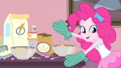 Size: 1280x720 | Tagged: safe, derpibooru import, screencap, pinkie pie, equestria girls, equestria girls series, pinkie sitting, flour, mittens, solo