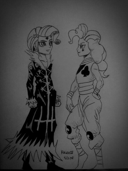 Size: 1024x1365 | Tagged: safe, artist:kaizo111, derpibooru import, pinkie pie, rarity, equestria girls, chrollo lucilfer, clothes, cosplay, costume, crossover, hisoka, hunter x hunter, monochrome, traditional art