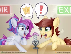 Size: 7318x5554 | Tagged: safe, artist:partylikeanartist, derpibooru import, oc, oc:aerial soundwaves, oc:canni soda, unofficial characters only, pegasus, pony, 2018, absurd resolution, announcement, cute, deviantart logo, female, freckles, galacon, galacon 2018, golden ticket, heart eyes, mascot, microphone, on air, open mouth, patreon, patreon logo, ponytail, ponyvillefm, radio, shameless advertising, speech bubble, starry eyes, studio, surprised, tickets, watermark, wingding eyes