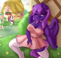 Size: 5000x4755 | Tagged: suggestive, alternate version, artist:wickedsilly, derpibooru import, fluttershy, rarity, oc, oc:warmheart efficacy, anthro, pegasus, unguligrade anthro, absurd resolution, anthro oc, big breasts, breasts, clothes, commission, dress, female, female focus, females only, licking, licking lips, multiple variants, one eye closed, socks, solo focus, stockings, thigh highs, tongue out, wink, ych result