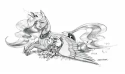 Size: 1600x946 | Tagged: safe, artist:baron engel, derpibooru import, apple bloom, princess luna, oc, oc:stone mane (baron engel), alicorn, earth pony, pony, colt, female, filly, grayscale, image, jpeg, male, mare, monochrome, pencil drawing, prone, simple background, sketch, smiling, story in the source, traditional art, white background, wing blanket, wings