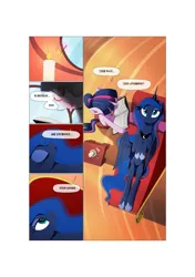 Size: 3541x5016 | Tagged: safe, artist:gashiboka, derpibooru import, princess luna, twilight sparkle, alicorn, pony, unicorn, comic:scar of solar, book, candle, comic, female, glasses, golden oaks library, korean, mare, matches, translation request