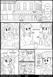 Size: 1485x2140 | Tagged: safe, artist:pshyzomancer, derpibooru import, sci-twi, sunset shimmer, twilight sparkle, comic:physiology testing, equestria girls, ..., black and white, breasts, cleavage, comic, grayscale, lineart, monochrome, sugarcube corner