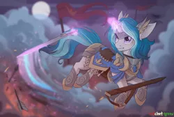 Size: 1500x1010 | Tagged: safe, artist:redchetgreen, derpibooru import, oc, oc:bubble lee, unofficial characters only, pony, alternate universe, armor, art, commission, female, full moon, glowing horn, magic, mare, moon, night, royal guard, solo, sword, telekinesis, weapon, willowverse, ych result