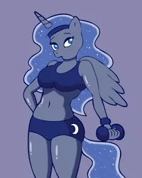 Size: 2000x2500 | Tagged: anthro, artist:lordstormcaller, belly, belly button, breasts, busty princess luna, clothes, derpibooru import, exercise, female, fit, headband, midriff, plump, princess luna, shorts, simple background, solo, solo female, sports bra, suggestive, weight, weight lifting, workout, workout outfit