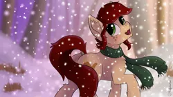 Size: 1024x576 | Tagged: artist:muffinkarton, clothes, derpibooru import, galacon, oc, oc:canni soda, safe, scarf, snow, snowfall, solo, winter, winter wonderland